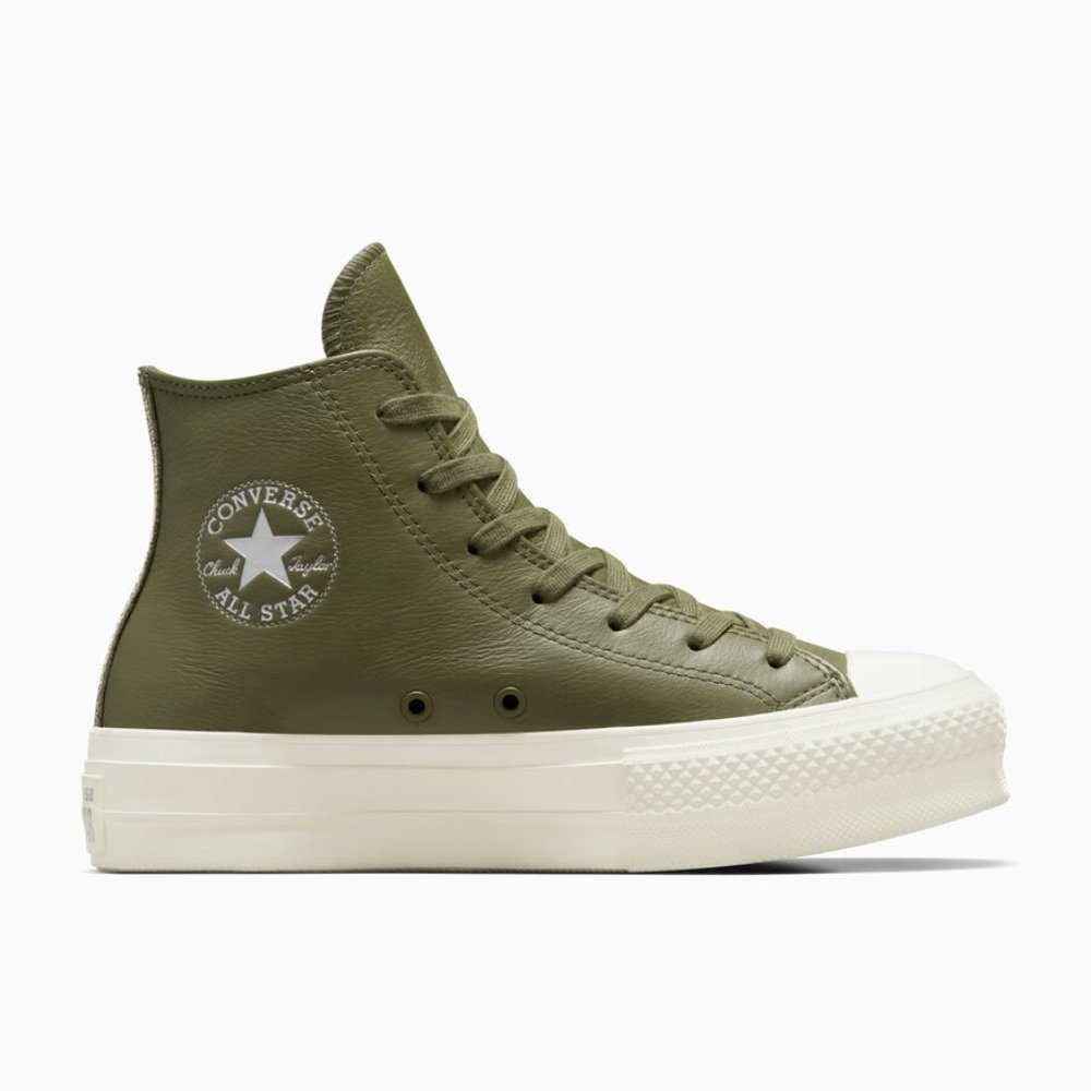 CONVERSE Chuck Taylor All Star Lift Platform Leather in Utility Green/Silver. 8 - Picture 3 of 14